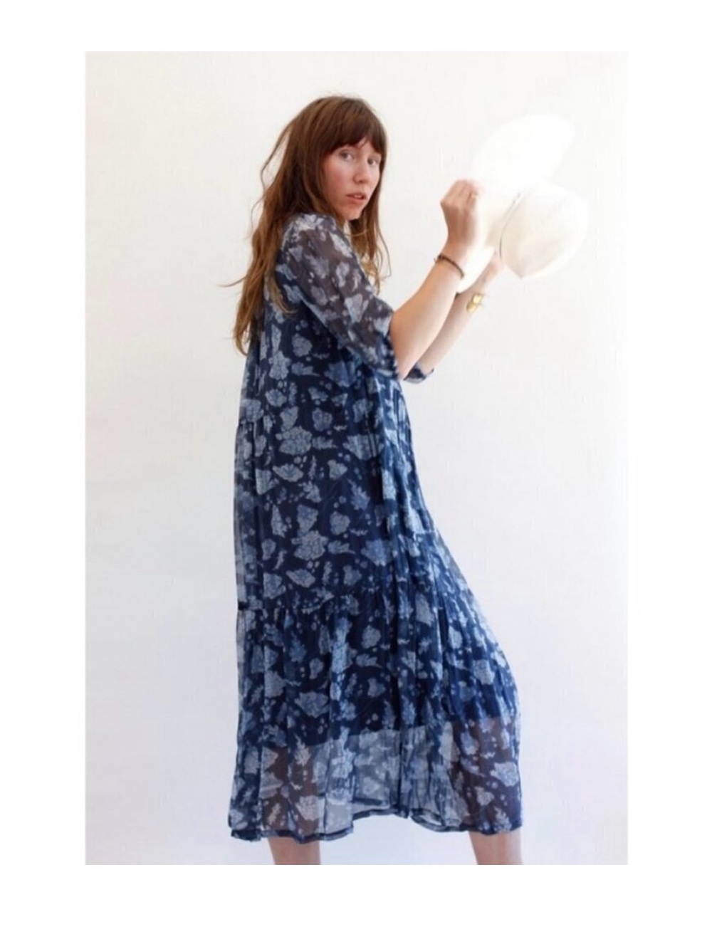 Raquel Allegra Navy Silk Floral Tiered Maxi Dress